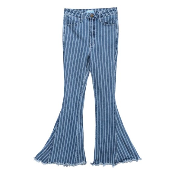 Show Me Your Mumu Berkeley Bells Fountain Jeans Womens Blue Stripe Flare Size 26 - Picture 1 of 11
